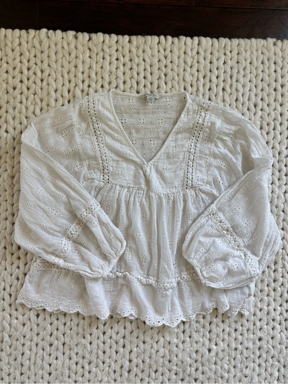 Boho Festival White Eyelet V-Neck Peasant Top